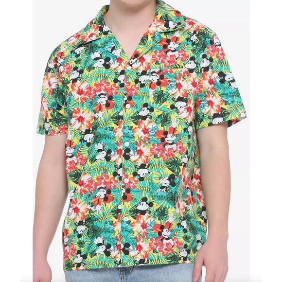 DISNEY Mickey Mouse Floral Button Up Hawaiian Shirt Mens Vacation Resort Sz XL - Picture 1 of 7